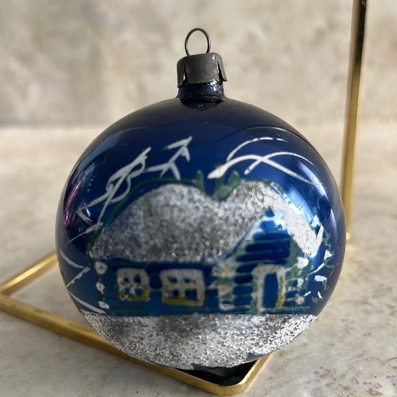 Old Vintage Christmas Ornament Hand Painted Cottage with Mica Sparkle Blue - Picture 1 of 5
